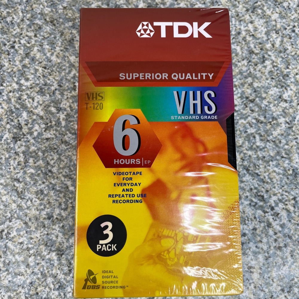 TDK VHS T-120 Blank Video Cassette Tape 3 Pack Superior Quality 6 Hour Sealed